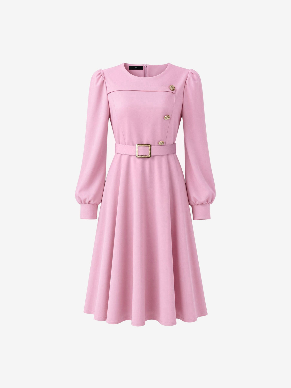 Puff Sleeves Button Decor Belted A-Line Midi Dress