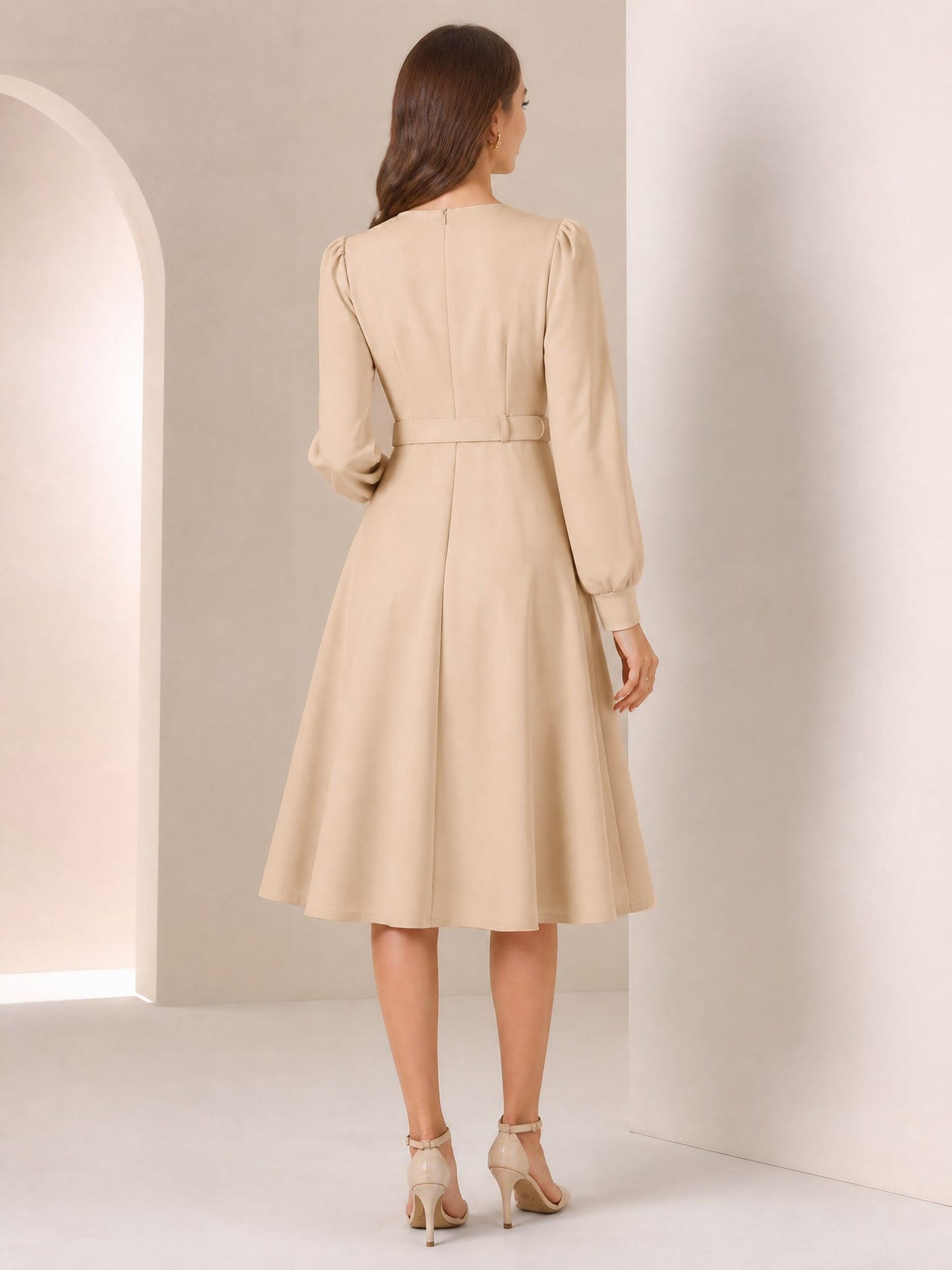 Puff Sleeves Button Decor Belted A-Line Midi Dress