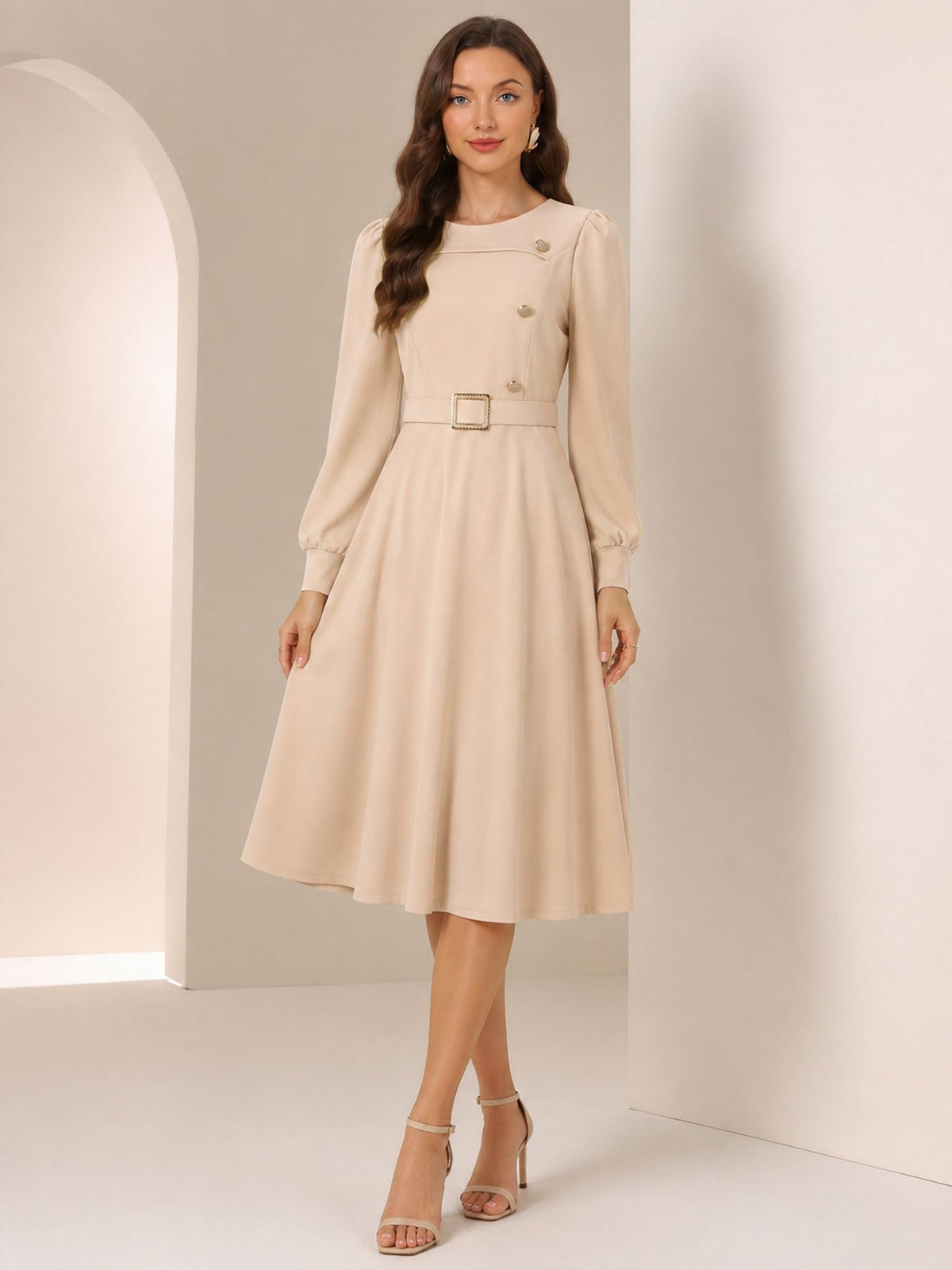 Puff Sleeves Button Decor Belted A-Line Midi Dress