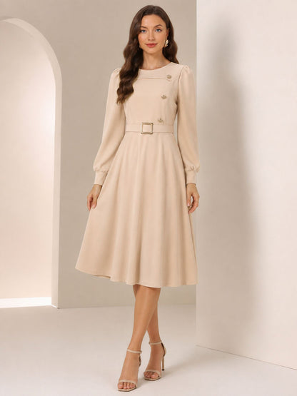 Puff Sleeves Button Decor Belted A-Line Midi Dress
