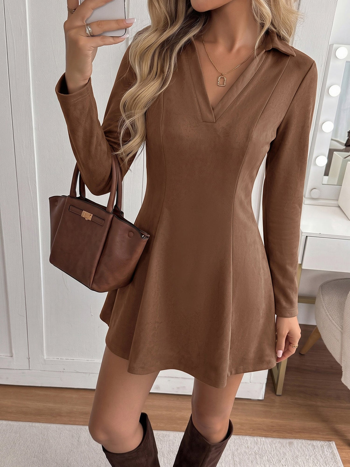 Faux Suede Collared Long Sleeves Mini Dress