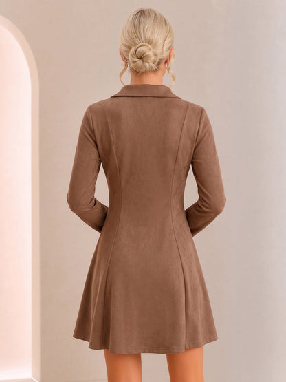 Faux Suede Collared Long Sleeves Mini Dress