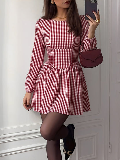 Gingham Bow Backless Checkered Puff Sleeves Mini Dress