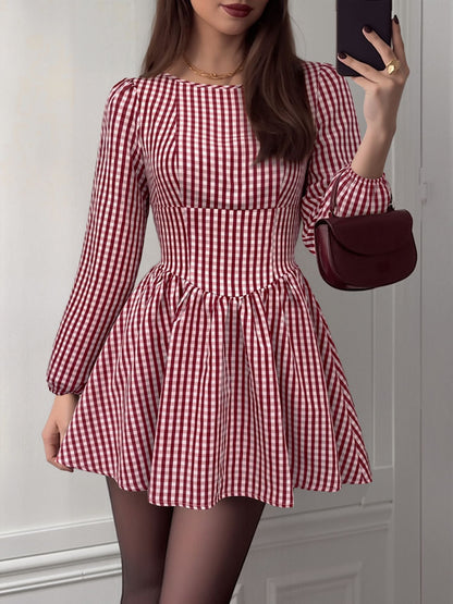 Gingham Bow Backless Checkered Puff Sleeves Mini Dress