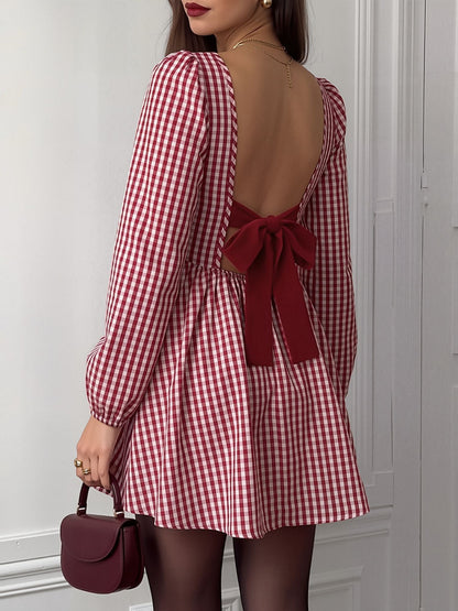 Gingham Bow Backless Checkered Puff Sleeves Mini Dress