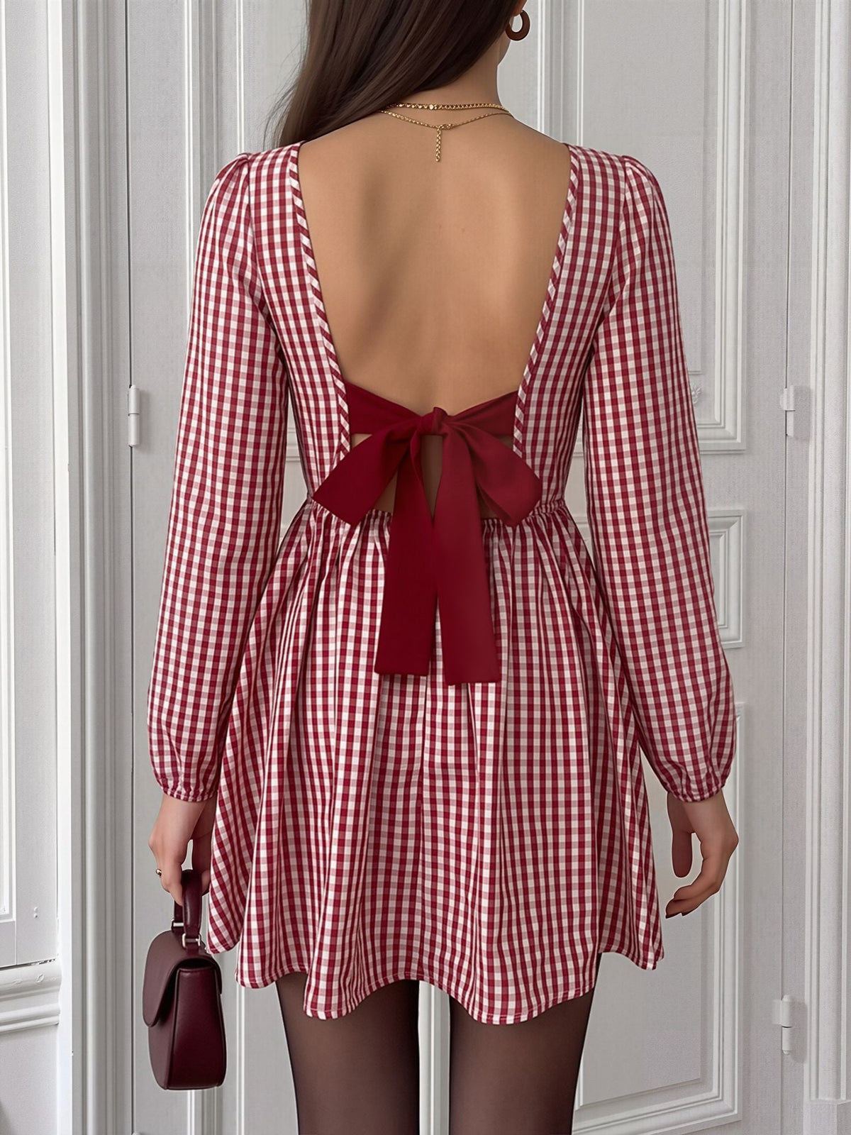 Gingham Bow Backless Checkered Puff Sleeves Mini Dress