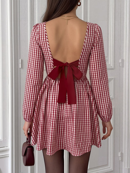 Gingham Bow Backless Checkered Puff Sleeves Mini Dress