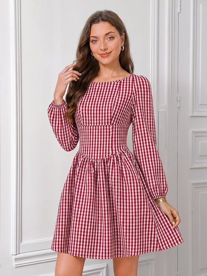 Gingham Bow Backless Checkered Puff Sleeves Mini Dress
