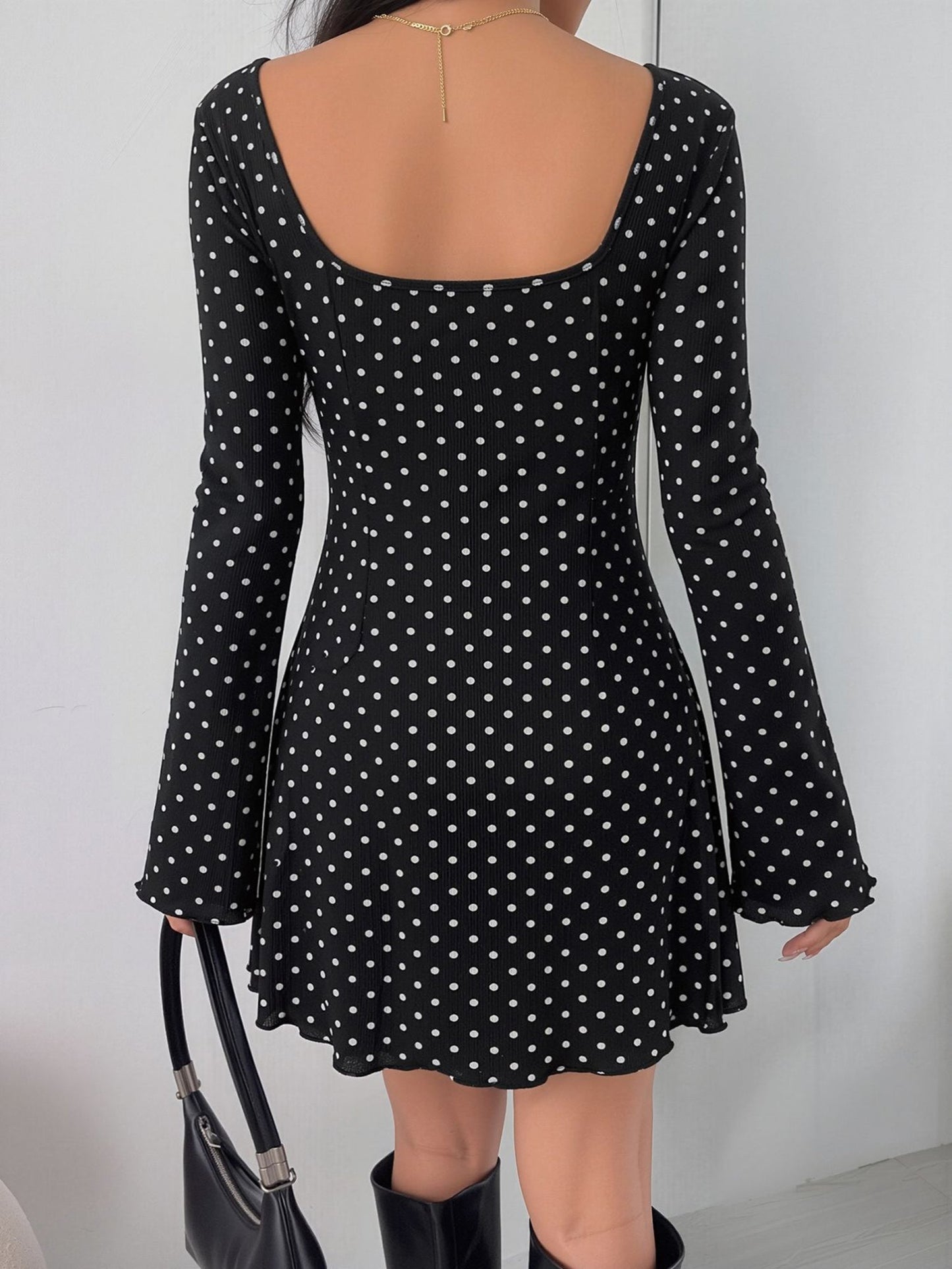 Polka Dot Lace V Neck Bell Sleeves A-Line Mini Dress