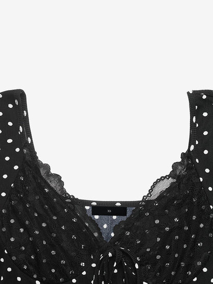 Polka Dot Lace V Neck Bell Sleeves A-Line Mini Dress