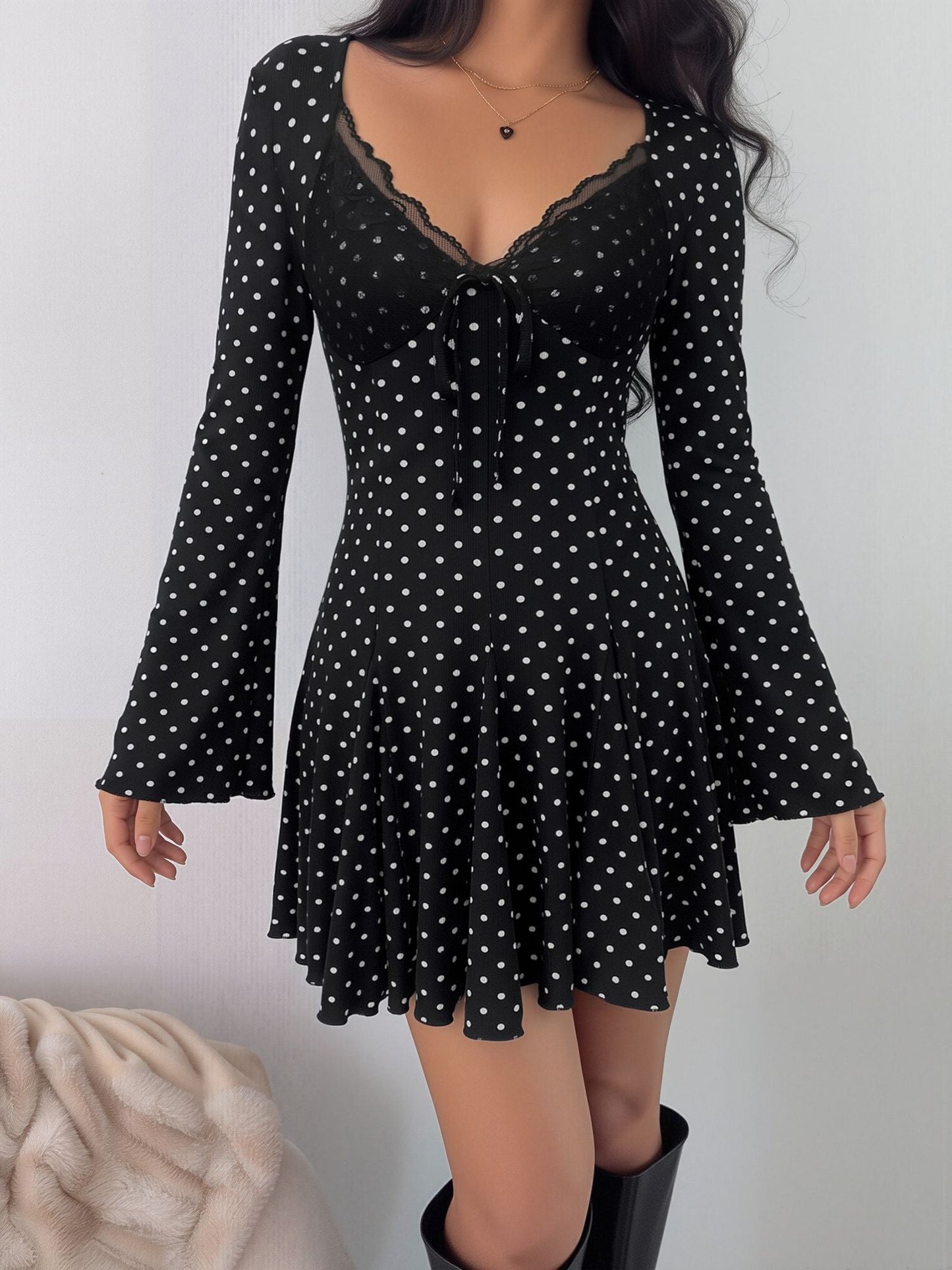 Polka Dot Lace V Neck Bell Sleeves A-Line Mini Dress
