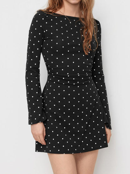 Boat Neck Bell Sleeves Polka Dots Mini Dress