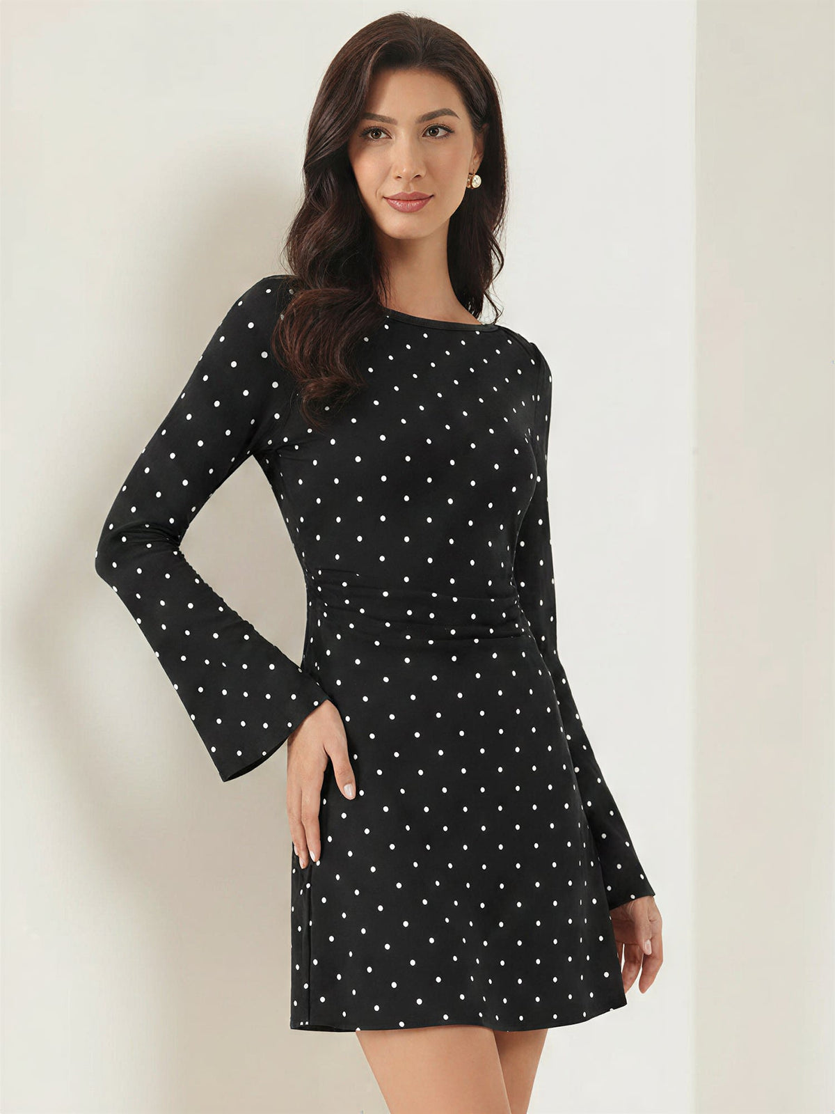 Boat Neck Bell Sleeves Polka Dots Mini Dress