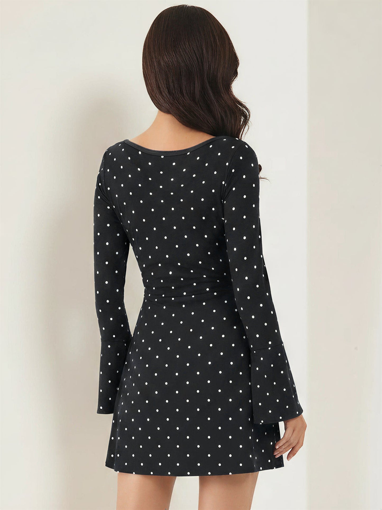Boat Neck Bell Sleeves Polka Dots Mini Dress