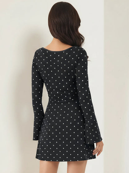 Boat Neck Bell Sleeves Polka Dots Mini Dress