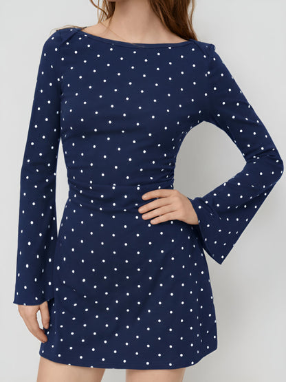 Boat Neck Bell Sleeves Polka Dots Mini Dress