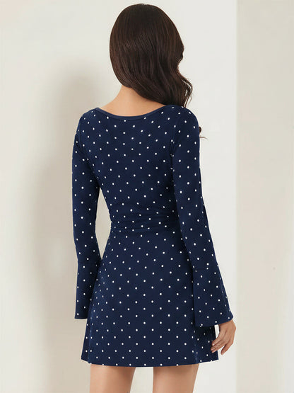 Boat Neck Bell Sleeves Polka Dots Mini Dress