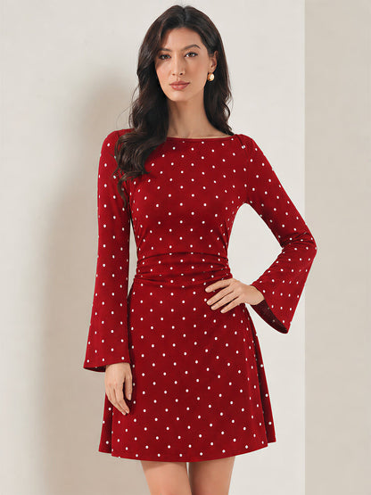 Boat Neck Bell Sleeves Polka Dots Mini Dress
