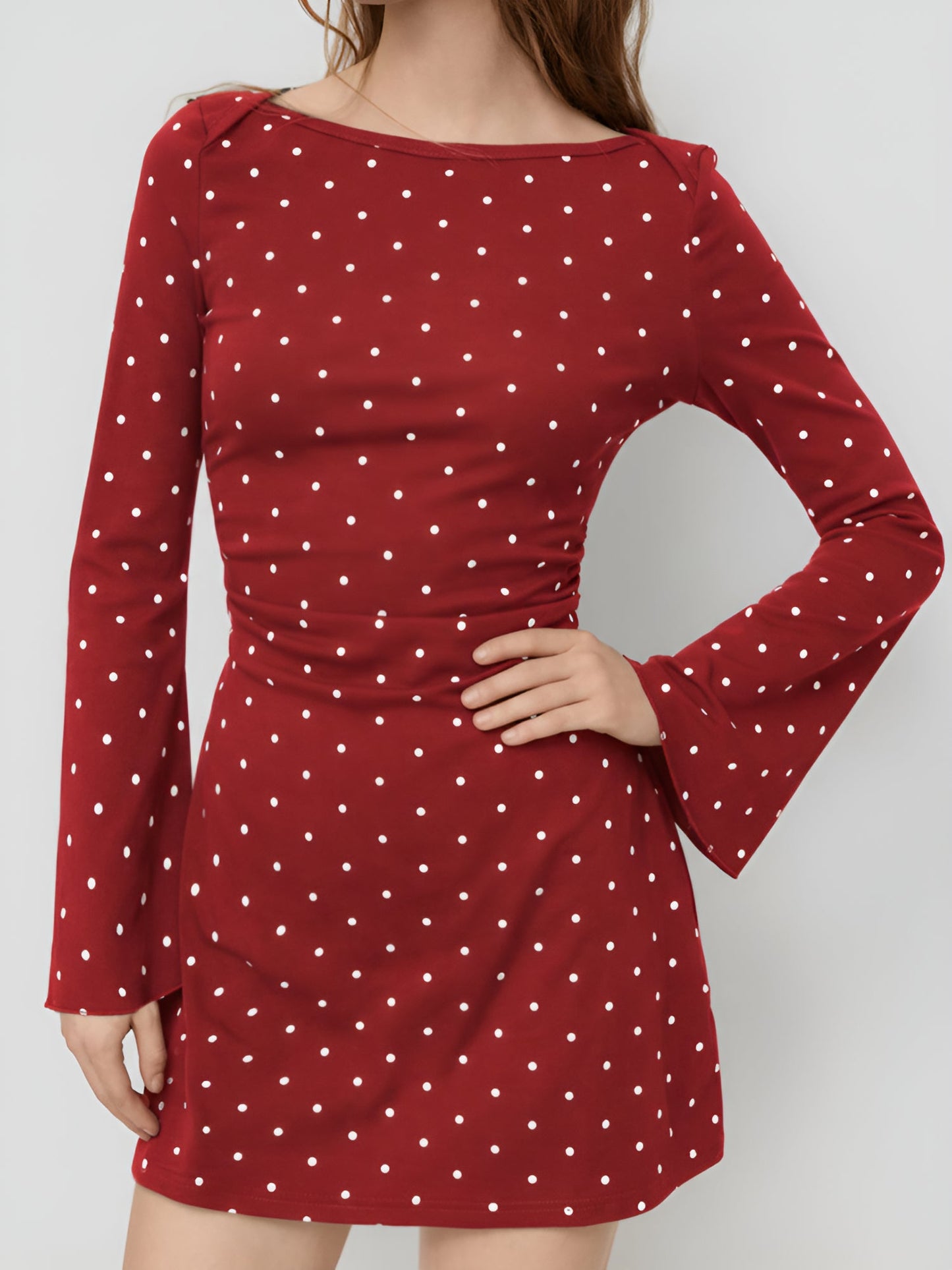 Boat Neck Bell Sleeves Polka Dots Mini Dress