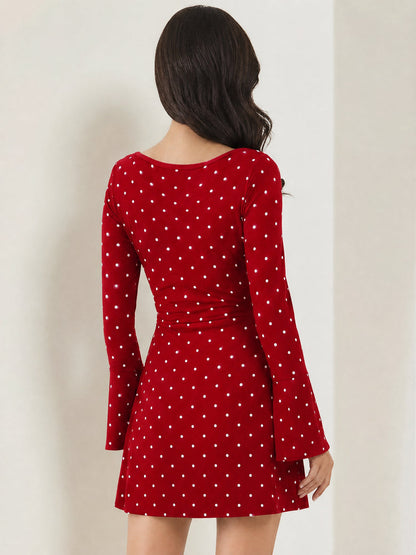 Boat Neck Bell Sleeves Polka Dots Mini Dress