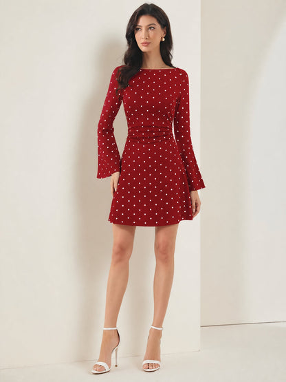 Boat Neck Bell Sleeves Polka Dots Mini Dress