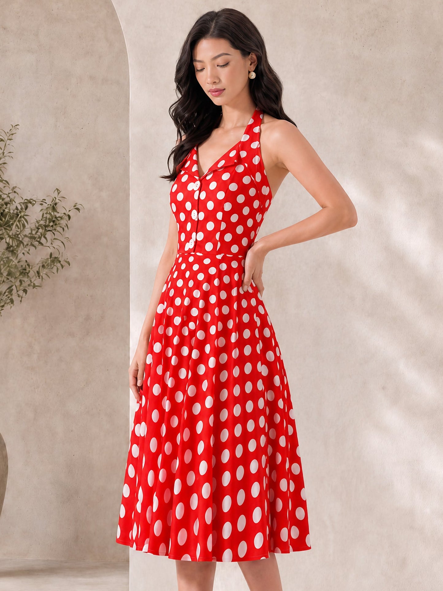 Polka Dot Halter Neck Backless Mid-Length Flared Retro Dress