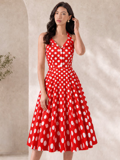 Polka Dot Halter Neck Backless Mid-Length Flared Retro Dress