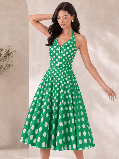 Polka Dot Halter Neck Backless Mid-Length Flared Retro Dress