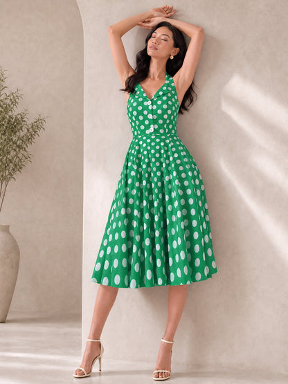 Polka Dot Halter Neck Backless Mid-Length Flared Retro Dress