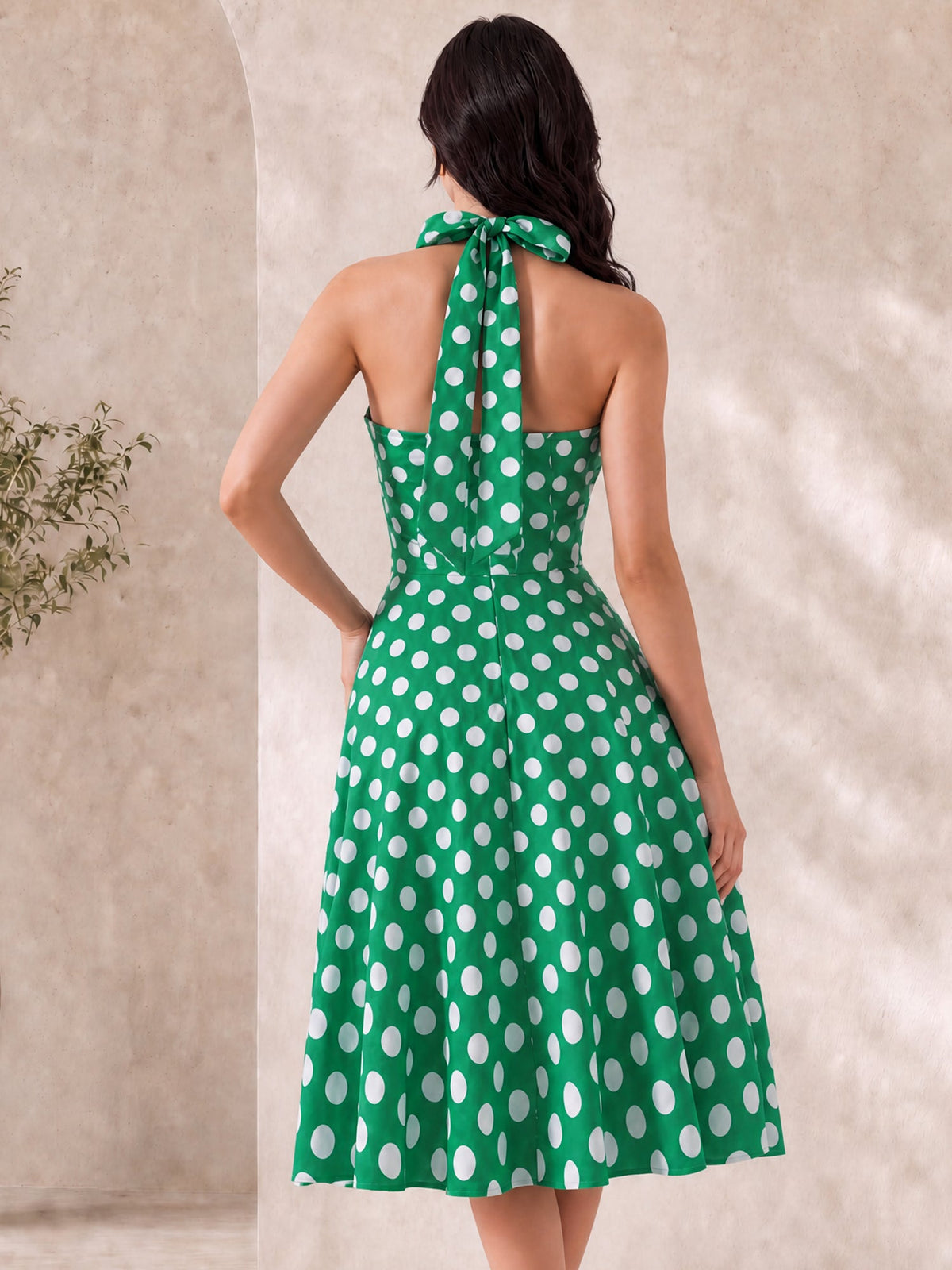 Polka Dot Halter Neck Backless Mid-Length Flared Retro Dress