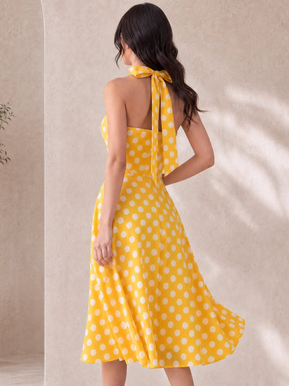 Polka Dot Halter Neck Backless Mid-Length Flared Retro Dress
