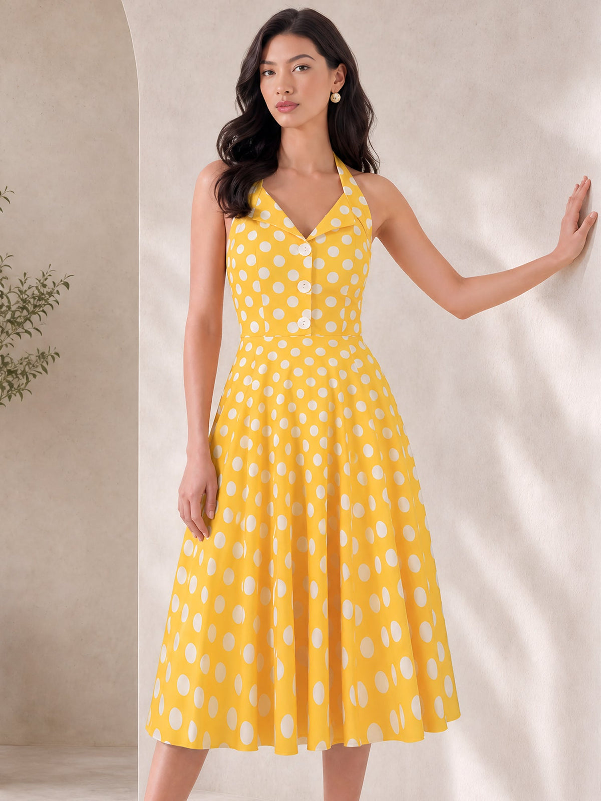 Polka Dot Halter Neck Backless Mid-Length Flared Retro Dress
