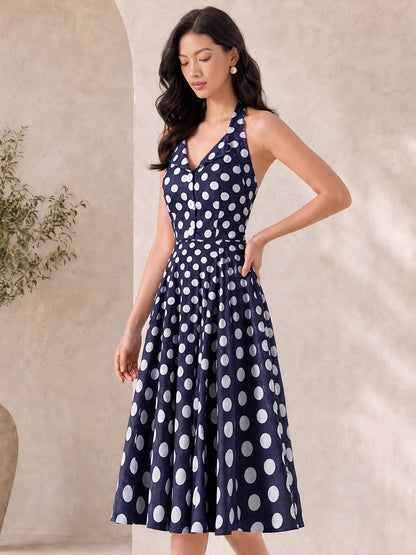 Polka Dot Halter Neck Backless Mid-Length Flared Retro Dress
