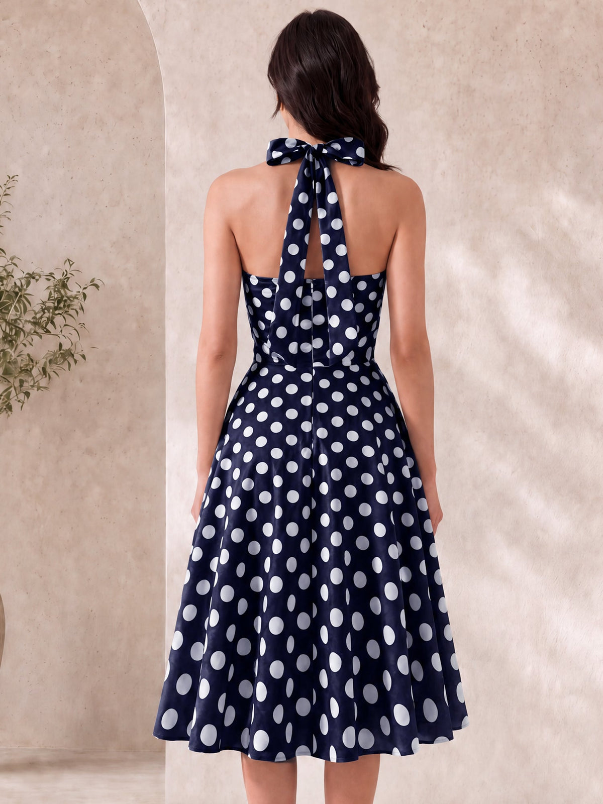 Polka Dot Halter Neck Backless Mid-Length Flared Retro Dress