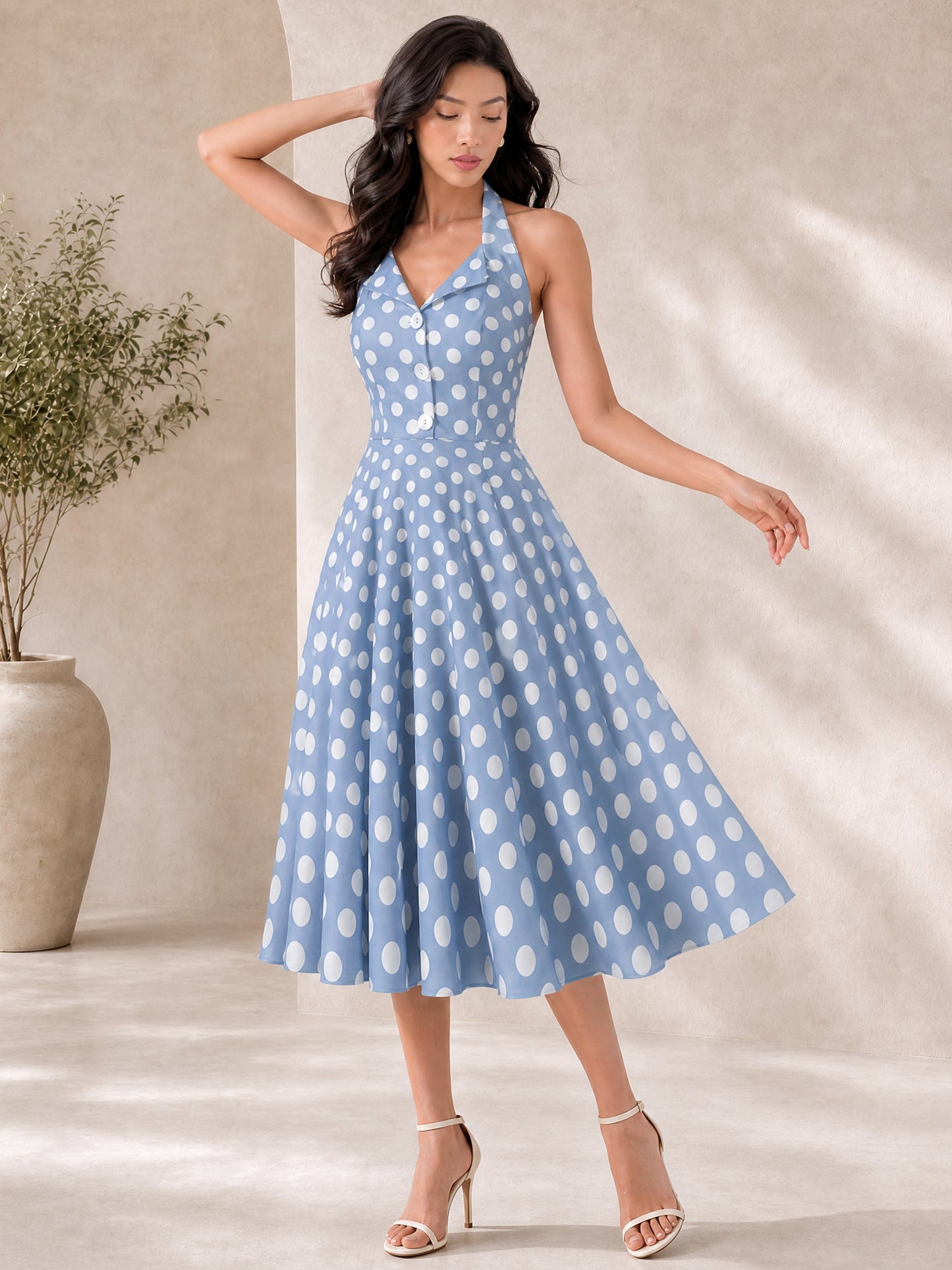 Polka Dot Halter Neck Backless Mid-Length Flared Retro Dress