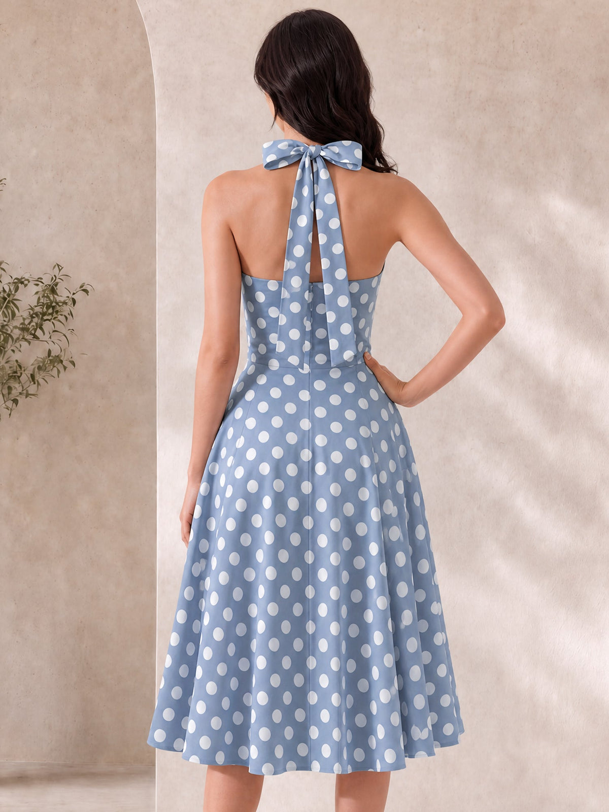 Polka Dot Halter Neck Backless Mid-Length Flared Retro Dress