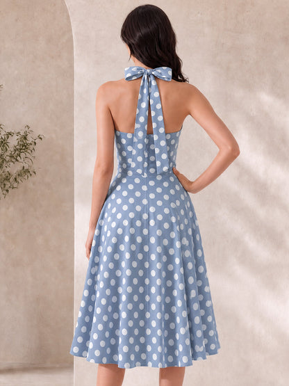 Polka Dot Halter Neck Backless Mid-Length Flared Retro Dress