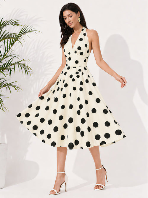 Polka Dot Halter Neck Backless Sleeveless Vintage Swing Dress