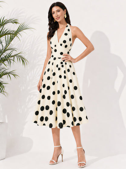 Polka Dot Halter Neck Backless Sleeveless Vintage Swing Dress