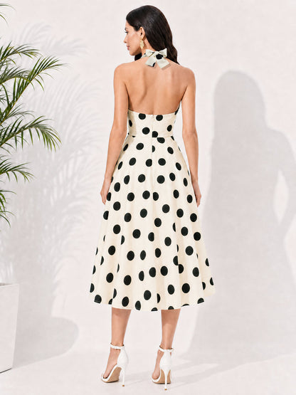 Polka Dot Halter Neck Backless Sleeveless Vintage Swing Dress