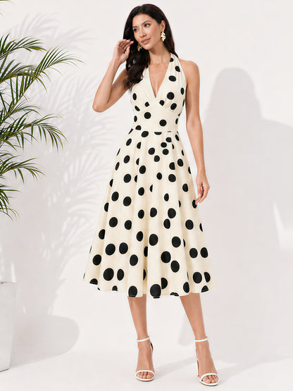 Polka Dot Halter Neck Backless Sleeveless Vintage Swing Dress