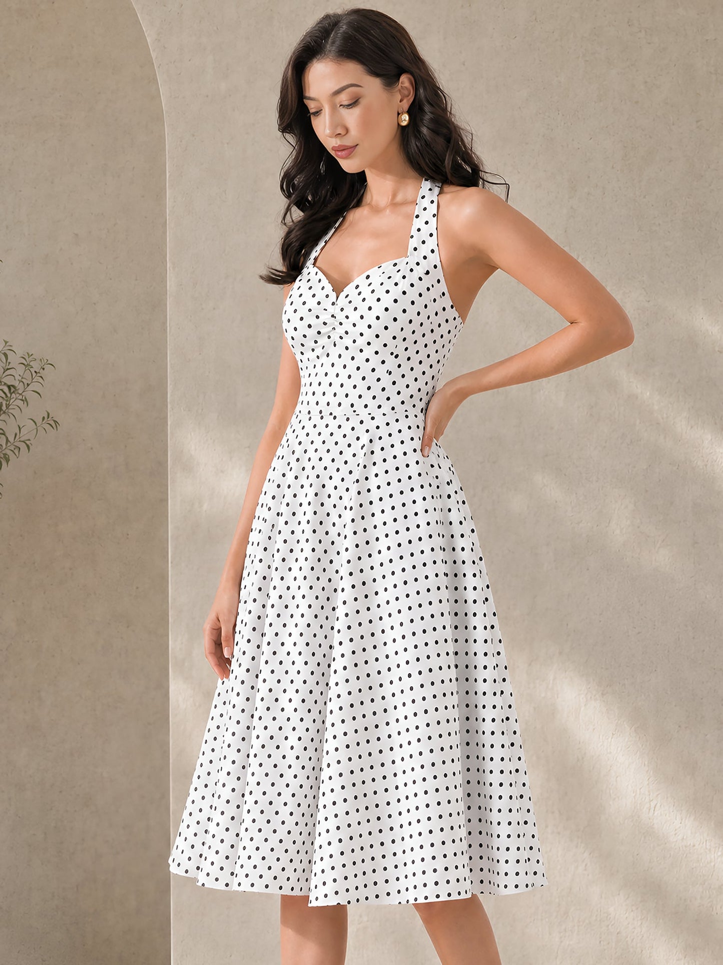 Vintage Polka Dot Halter Neck Backless Swing Dress