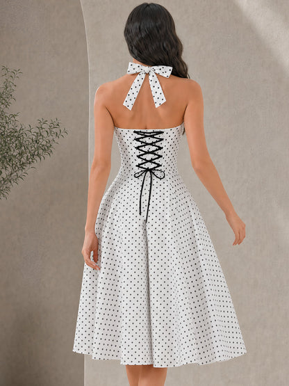 Vintage Polka Dot Halter Neck Backless Swing Dress