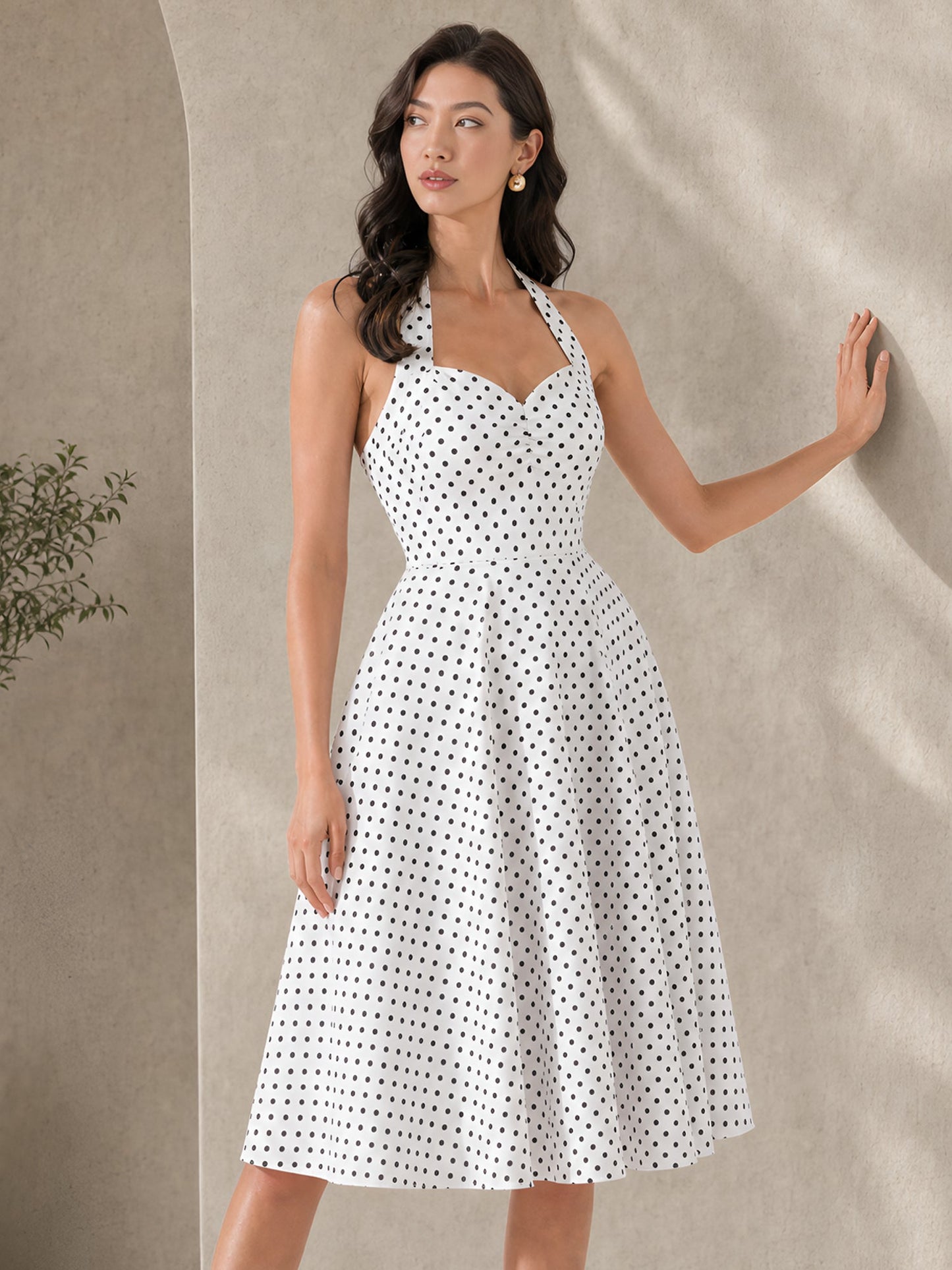 Vintage Polka Dot Halter Neck Backless Swing Dress