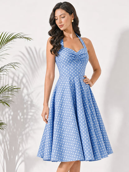 Vintage Polka Dot Halter Neck Backless Swing Dress