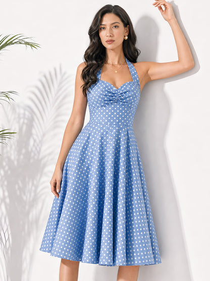 Vintage Polka Dot Halter Neck Backless Swing Dress