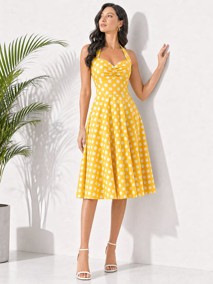 Vintage Polka Dot Halter Neck Backless Swing Dress