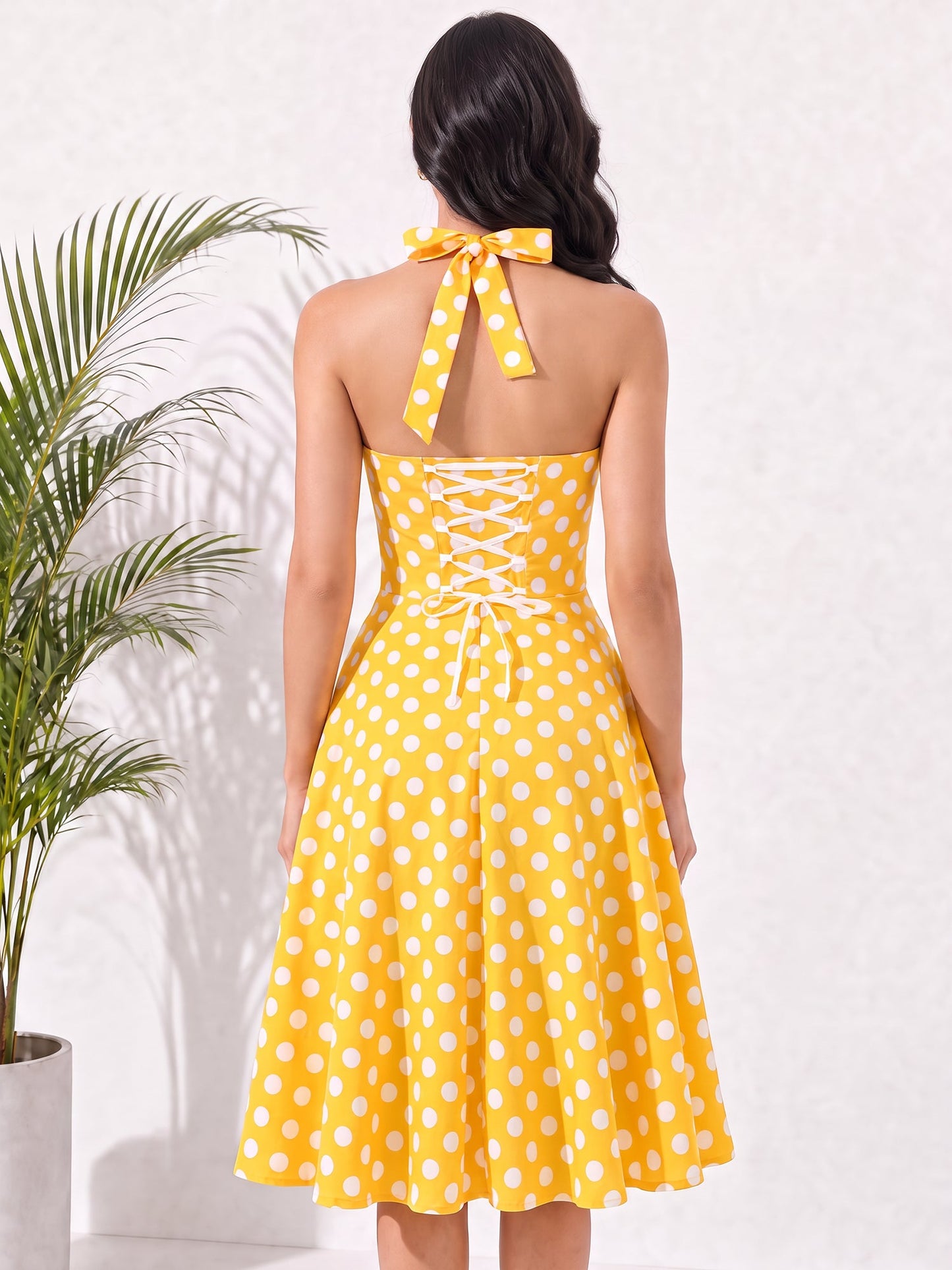 Vintage Polka Dot Halter Neck Backless Swing Dress