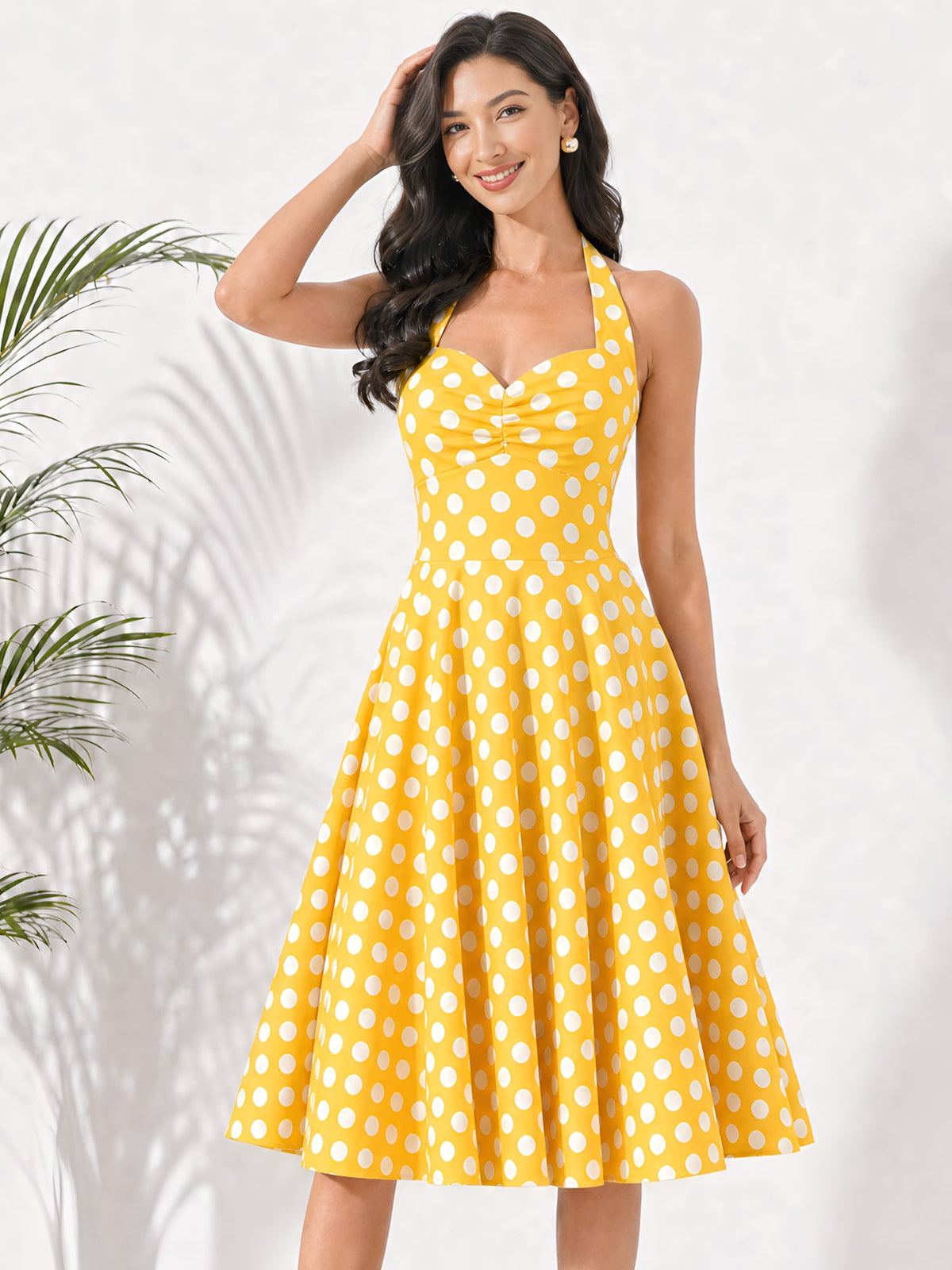 Vintage Polka Dot Halter Neck Backless Swing Dress