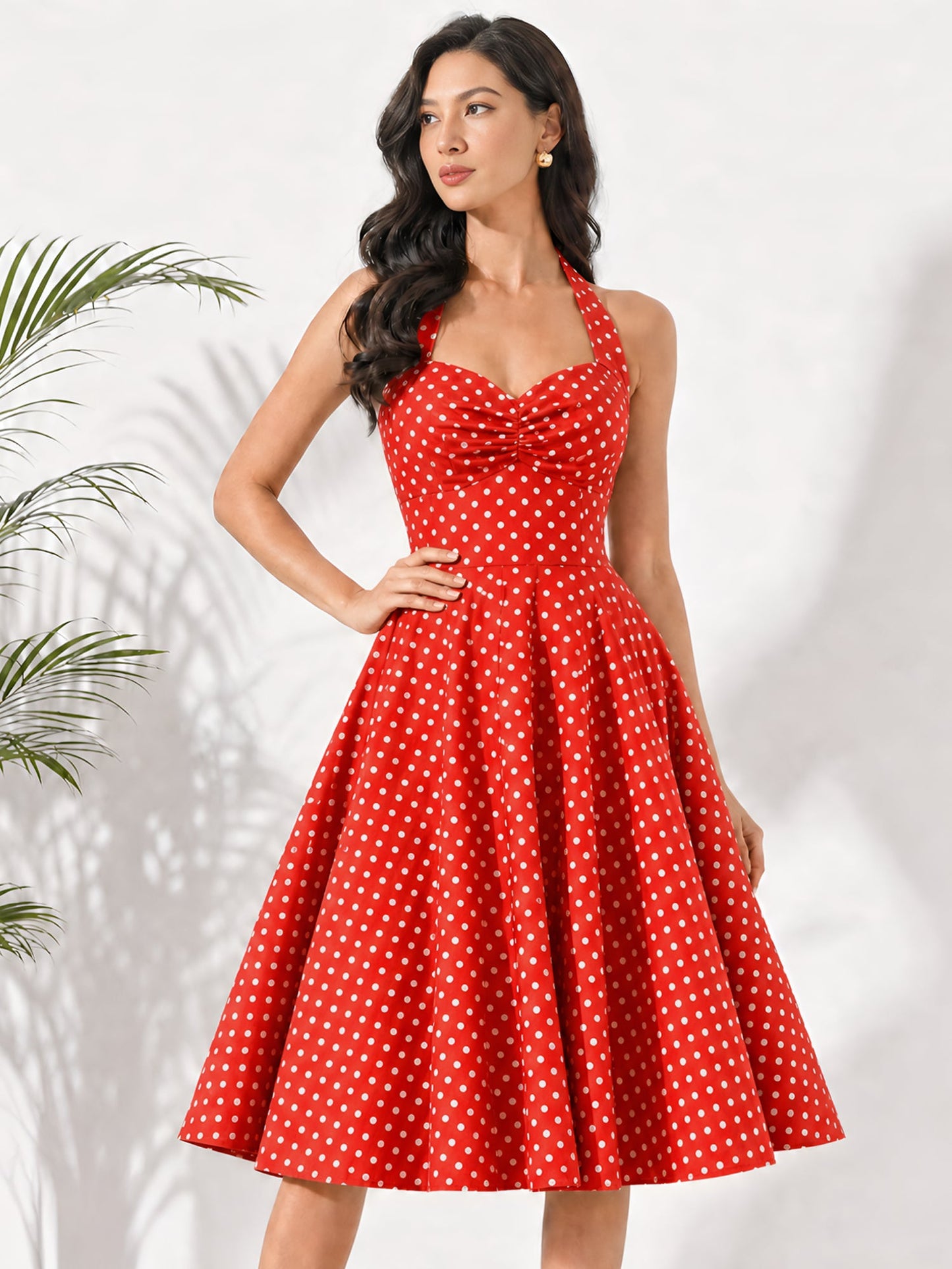 Vintage Polka Dot Halter Neck Backless Swing Dress
